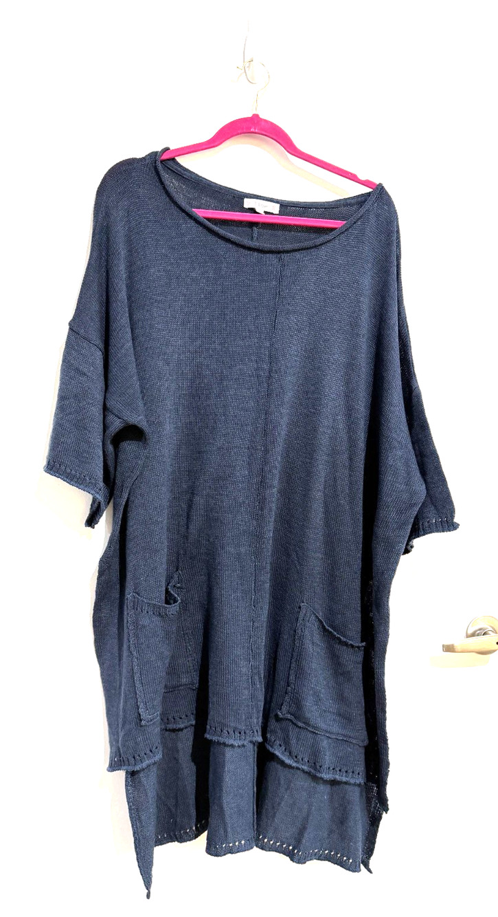 Navy Blue Cotton Knit Sweater Tunic Top Dress Rolled Neck pockets Lagenlook 3XL